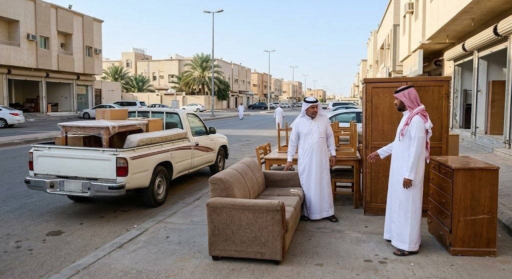 فريق عمل محترف يقوم بمعاينة ونقل الأثاث المستعمل بعناية ومصداقية ضمن خدمات نشتري الاثاث المستعمل الجابرية لضمان تقديم أفضل الأسعار وراحة العملاء.